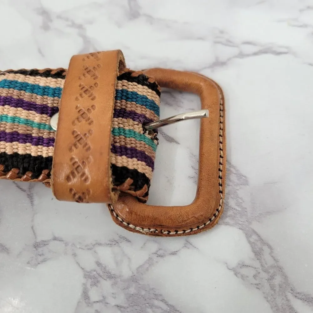 Tan Tooled Leather and Multicolor Canvas Striped Belt Vintage